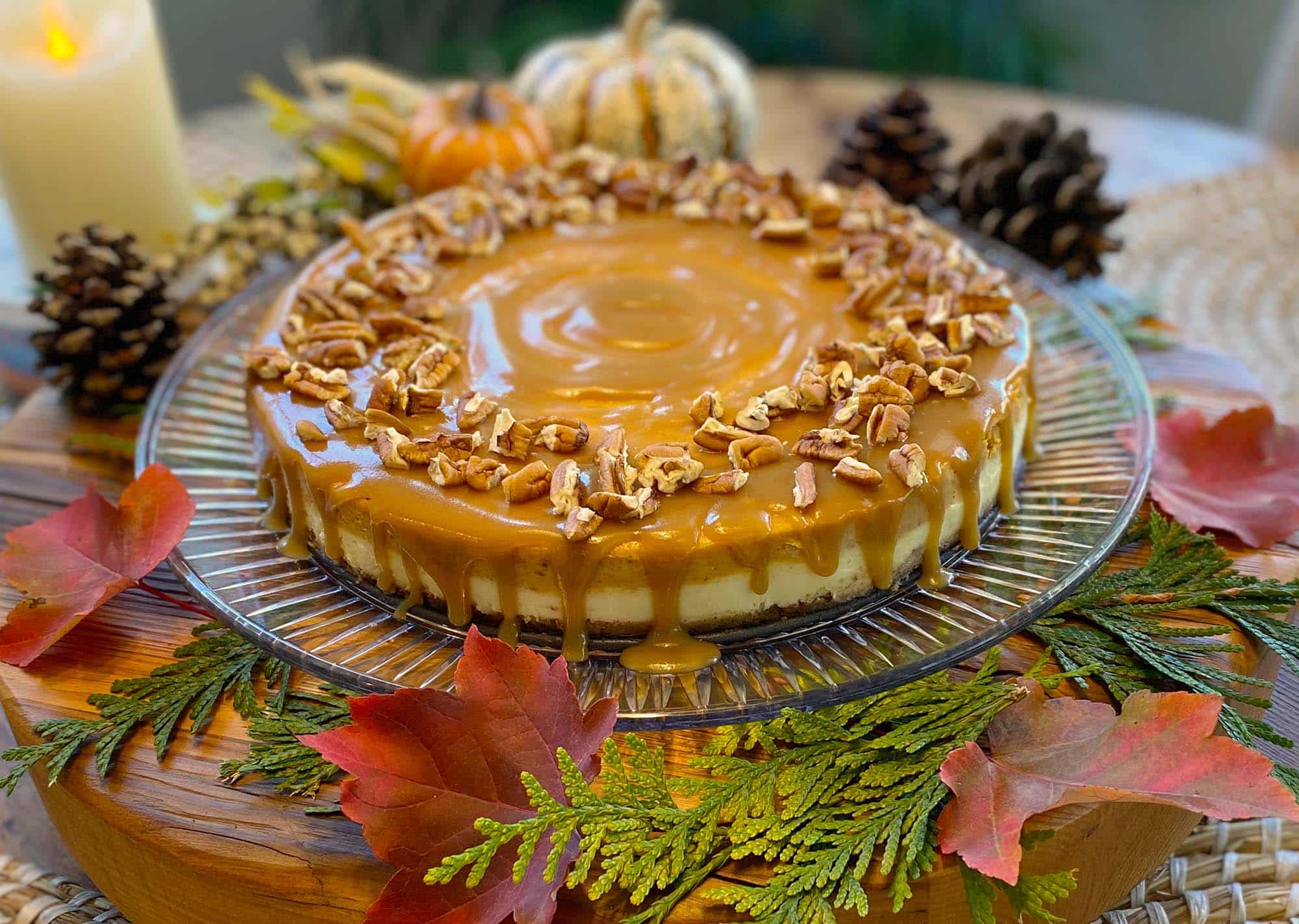 Pumpkin Layered Cheesecake with Maple Pecan Glaze - Better Halves Pecans