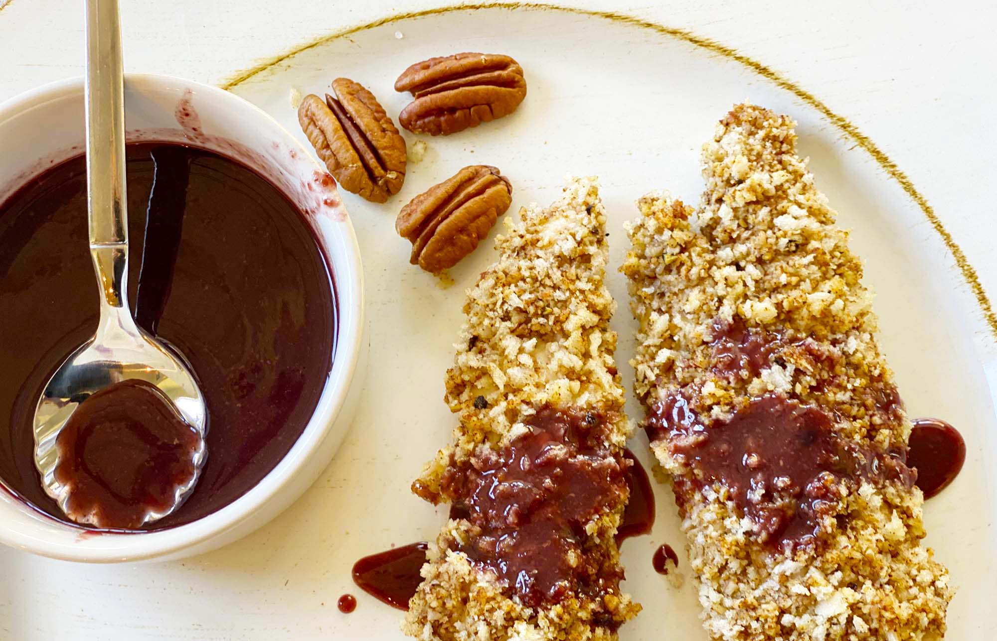 Pecan-Crusted Chicken Tenders with Blackberry Honey Mustard - Better Halves Pecans